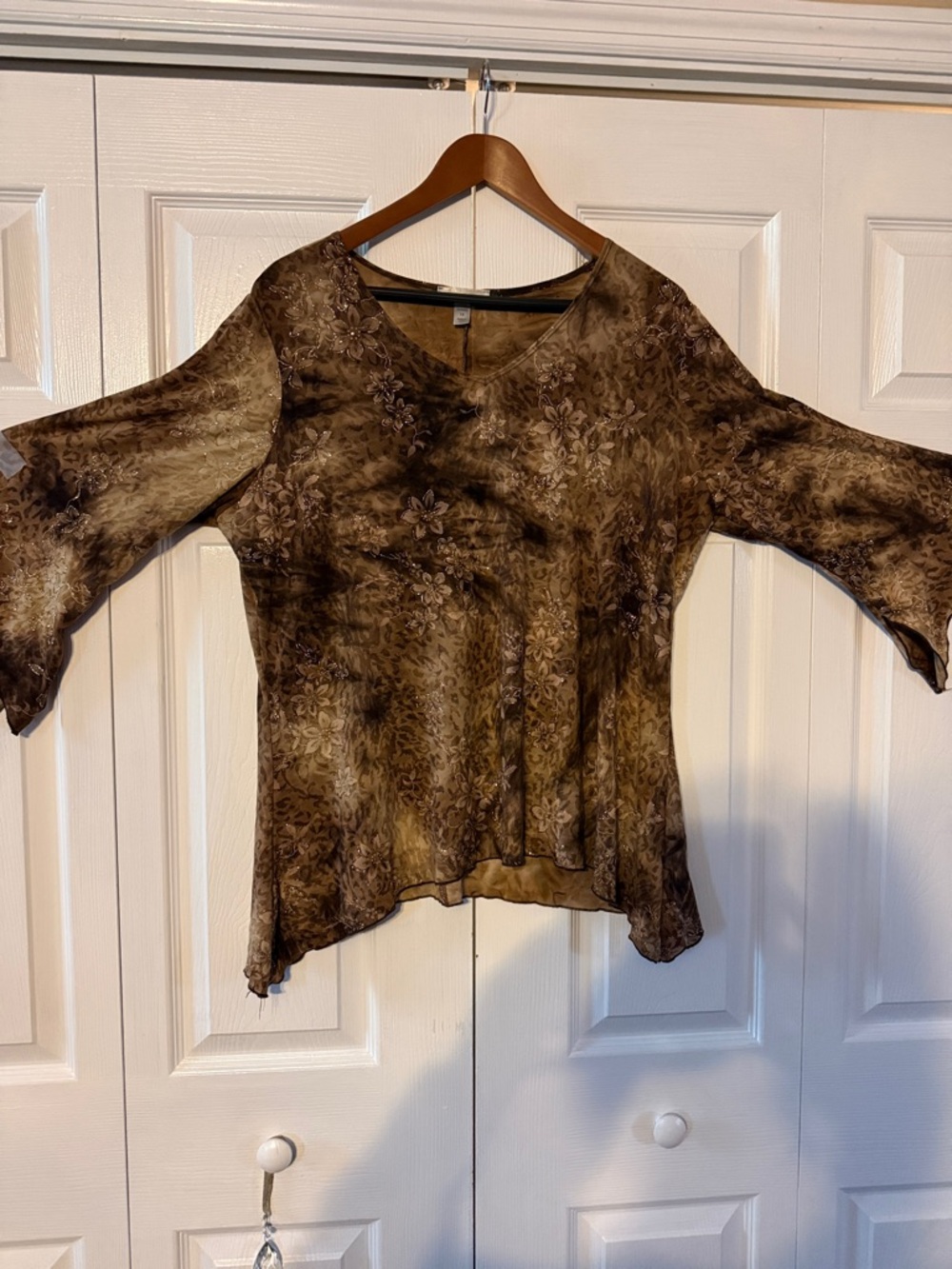 dressbarn Brown Floral V-Neck Sheer Blouse